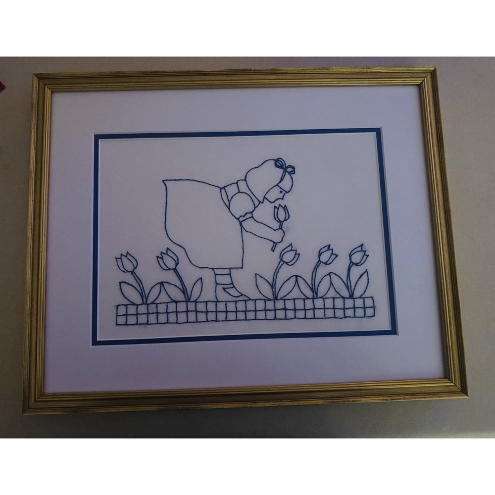 Hand Embroidered Sunbonnet‎ Sue Bluework Framed Art Vintage Style Wall Decor